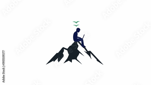Принти на полотні Man Sitting on Mountain Peak Illustration.