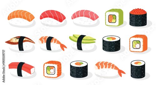 Delightful Assortment of Japanese Sushi and Rolls on a White Background