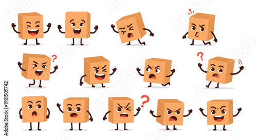 Versatile Cartoon Cube Characters Displaying a Wide Range of Expressive Emotions and Actions