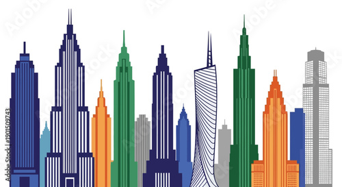 Colorful array of modern and classic skyscrapers forming an urban city skyline illustration