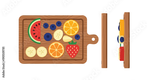 A vibrant arrangement of fresh cut fruits and berries presented on a wooden cutting board and its