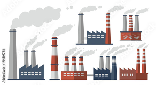 Industrial factory complexes emitting smoke plumes against a white background in a flat design style