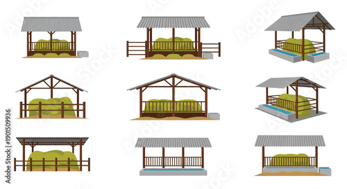 Collection of stylized farm shelters for livestock and hay storage