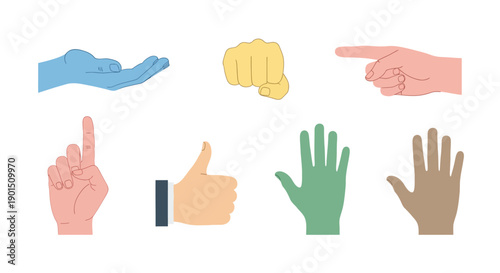 Diverse collection of hand gestures and poses presented in a flat design aesthetic