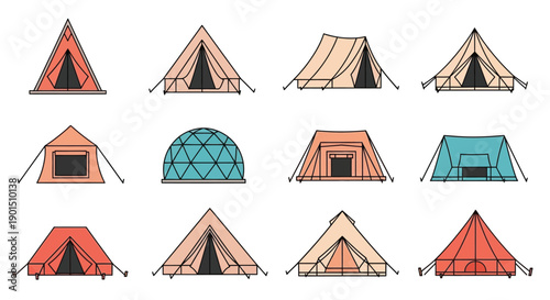 Collection of Diverse Tent Illustrations for Outdoor Adventures and Camping