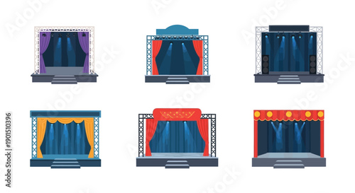 Collection of varied theatrical stage designs with curtains and lighting elements for performances