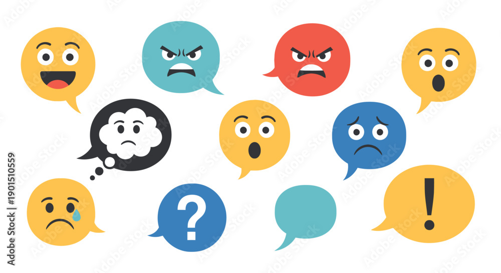 Obraz premium Diverse Emotional Expressions Conveyed Through Stylized Speech Bubbles and Emoticons