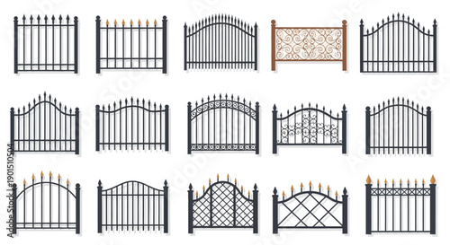 Collection of decorative metal fences and gates with ornate designs and spikes