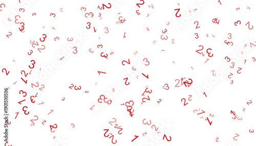 Scattered red numbers on a white background create a visually striking pattern.