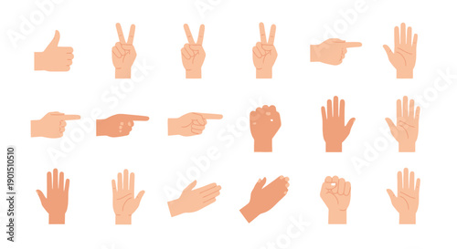 Collection of Flat Design Human Hand Gestures Expressing Various Emotions and Actions