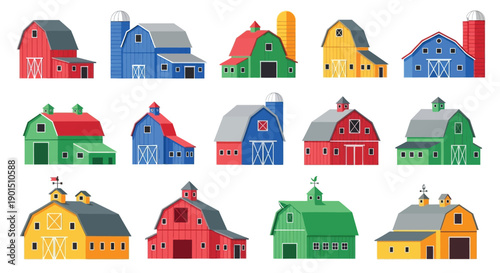 Diverse collection of cartoon style farm buildings and silos in various colors and designs