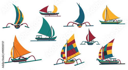 Collection of vibrant and colorful traditional outrigger sailboats illustrated on a white background