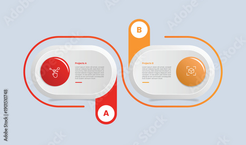 2 points comparison for infographic with glossy gradient style with round rectangle box with circular line connection with round rectangle badge two point list information