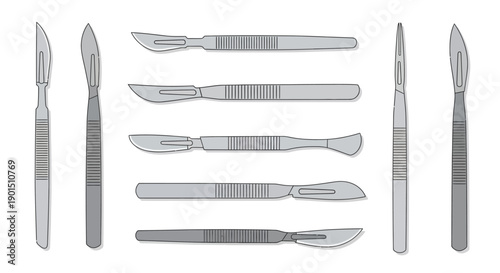 Collection of Surgical Scalpels in Diverse Designs and Orientations for Medical Purposes