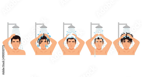 Visual guide illustrating the steps of washing hair under a showerhead