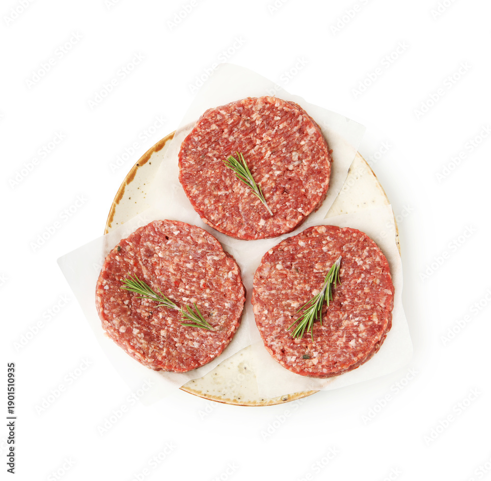 Fototapeta premium Uncooked meat patty with rosemary isolated on white, top view