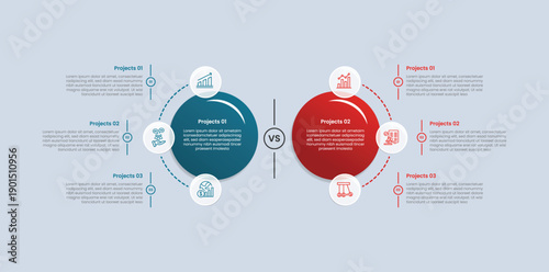 2 points comparison for infographic with glossy gradient style with big circle with small sticky side opposite direction with two point list information