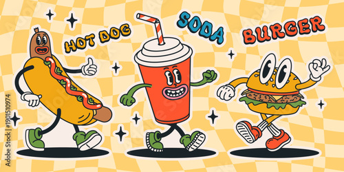 Food character sticker set with groovy cartoon hot dog, soda cup and burger in retro style on yellow checkered background. Food vector character illustration. Perfect for stickers, posters, branding