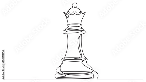 Continuous line drawing of a chess queen piece, elegant strategy symbol, isolated on white background