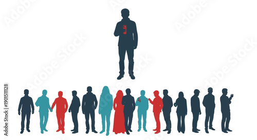 Silhouettes of people standing together with one person distinguished by a red object