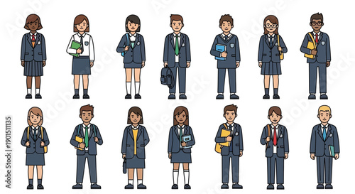 Diverse cartoon students in school uniforms with books and bags represent educational diversity