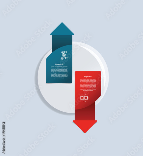 2 points comparison for infographic with glossy gradient style with big circle center with arrow top and bottom opposite direction with two point list information