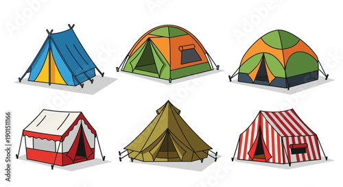 Collection of diverse camping tent illustrations in various colors and designs ideal for outdoor