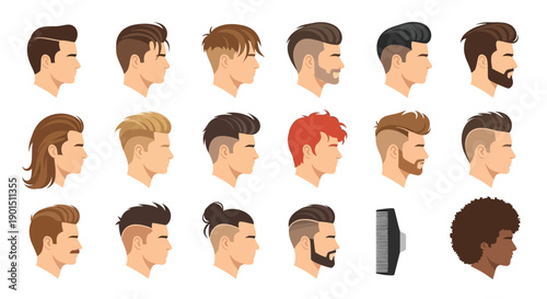 Diverse Male Hairstyles Showcase from Classic Cuts to Modern Fades and Beards
