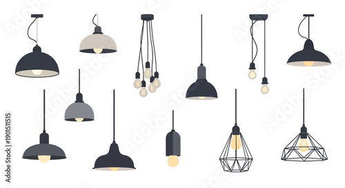 A diverse collection of modern pendant light fixtures illuminating spaces with varied designs