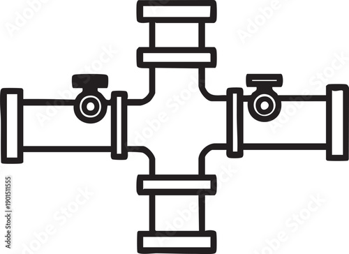 Plumbing cross fitting with valves industrial pipe connection symbol for water or gas systems clean vector illustration on white background