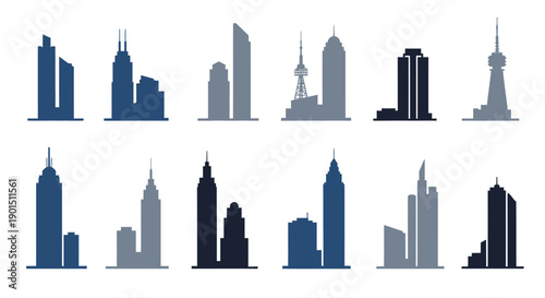 Diverse Collection of Urban Skyline Silhouettes Representing Modern Architectural Diversity