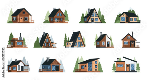 Collection of stylized modern and rustic cabin homes set against a whimsical forest backdrop