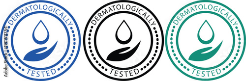 Collection of dermatologically tested badges featuring a hand and water drop icon for cosmetic and skincare product certification isolated on white