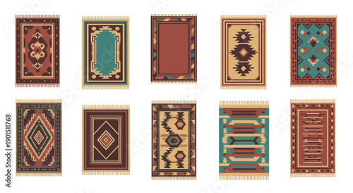 Collection of intricately patterned and fringed decorative area rugs with ethnic motifs