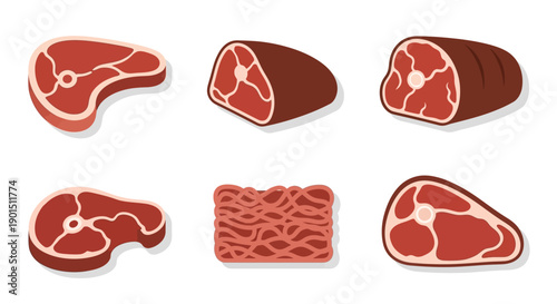 A collection of stylized raw meat cuts including steaks, roasts, and ground meat