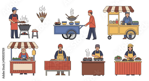 Diverse street food vendors prepare and sell delicious meals from their mobile carts and stalls