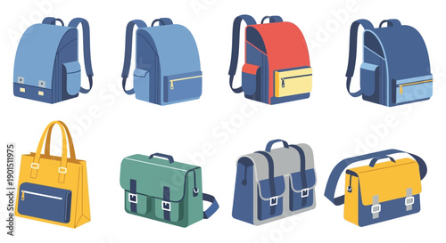 Collection of Diverse Backpacks and Satchels Illustrating Different Styles and Colors