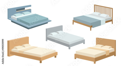 Collection of modern and classic isometric bed designs for home interior illustrations