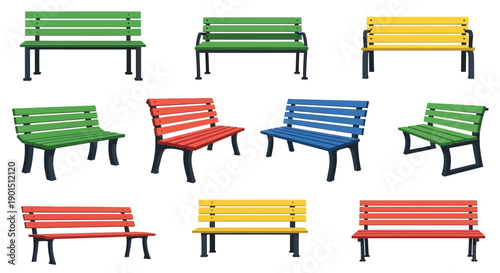 Collection of colorful park benches in various designs isolated on white background for outdoor