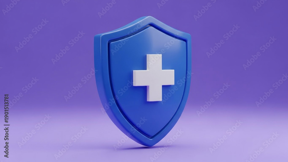 Obraz premium Blue Shield with White Cross in 3D Rendering with Soft Purple Background for Medical Protection