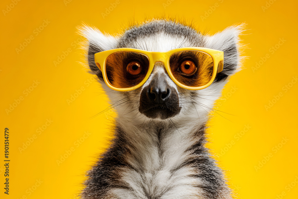 Obraz premium Lemur wears yellow sunglasses against a bright yellow background in a playful moment captured indoors
