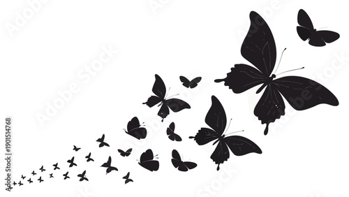 A dynamic composition of black butterflies of varying sizes flying upwards and to the right, symbolizing momentum and expansion, vector graphic