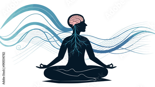 Silhouette of a person meditating in lotus pose with a brain and branching nerves, representing inner peace, mindfulness, and mind-body connection