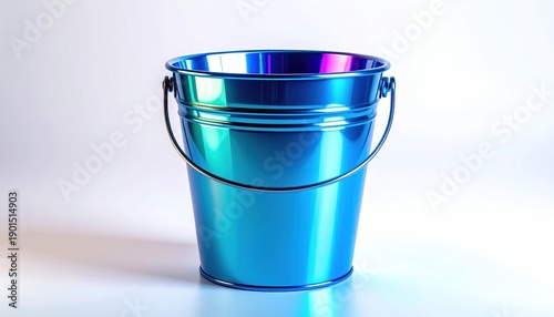 A shiny blue metal bucket with a handle sits against a white background