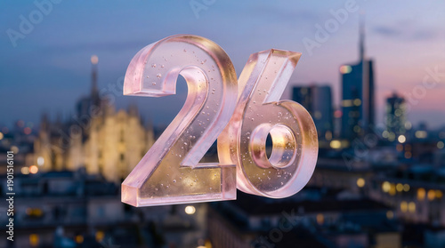 Crystal number 26, against a city view at dusk 