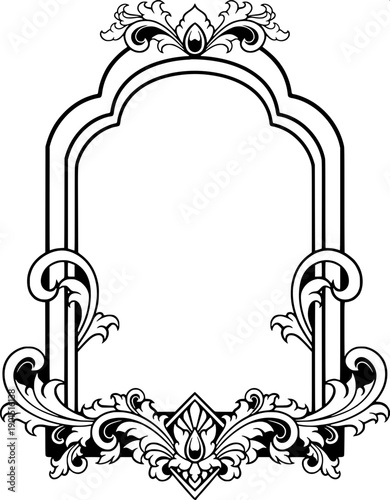 Vintage ornamental frame arch vector, floral bouquet engraving, hanging beads strings, classic temple arch silhouette