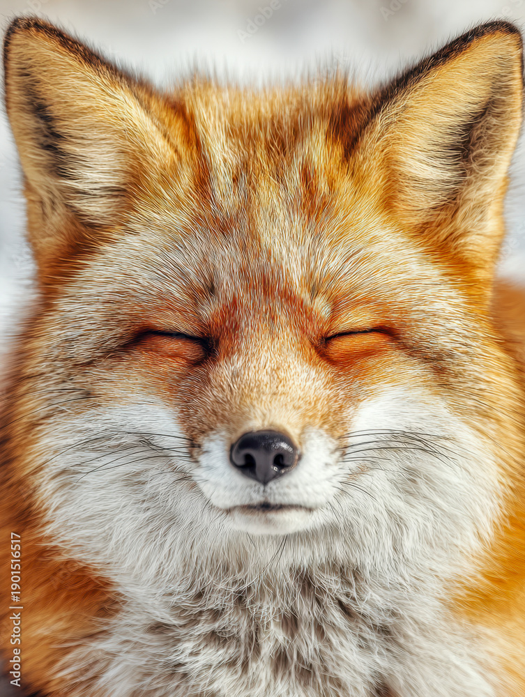 Obraz premium Smiling red fox with closed eyes enjoying a peaceful moment in soft natural light with vibrant fur and detailed whiskers in a tranquil outdoor setting