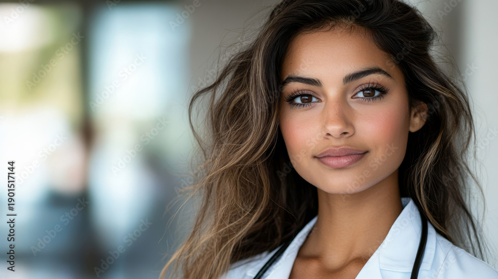 Obraz premium Portrait of a young, confident female doctor with a stethoscope around her neck