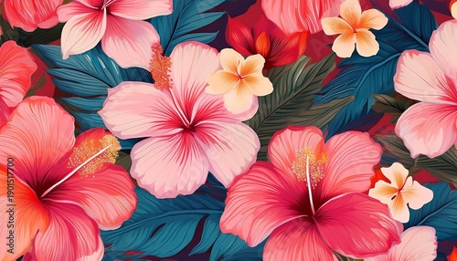 floral tropical hawaiian seamless pattern background with abstract hibiscus flower aapi background modern creative print pink cute summer vacation wallpaper