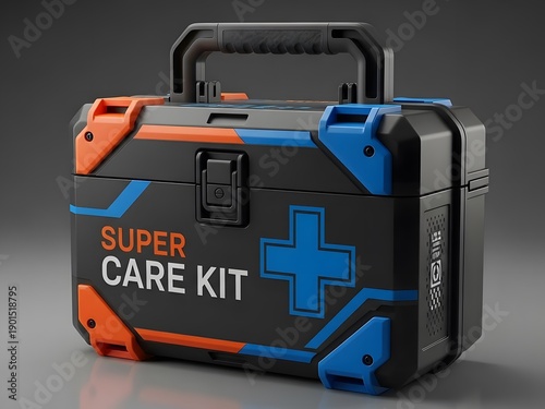 First aid kit in black box with blue and orange accents in bright studio lighting for medical supplies
